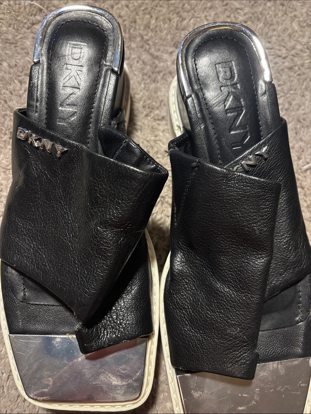 DKNY Black Leather slides with silver squared toe great detailing